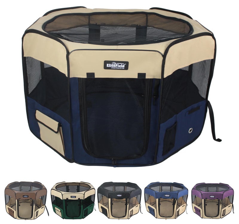 EliteField 2-Door Soft Pet Playpen (2 Year Warranty), Exercise Pen, Multiple Sizes and Colors Available for Dogs, Cats and Other Pets (36" x 36" x 24"H, Beige+Navy Blue) - Image 1